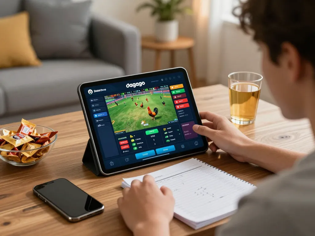 Person engaging with dagago online betting on tablet in a cozy home gaming setup.