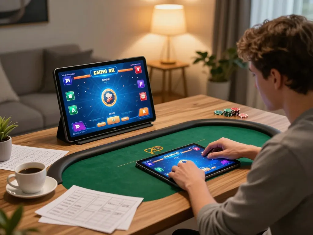Player engages in poker gameplay on 23Win, showcasing strategic focus and home comfort.