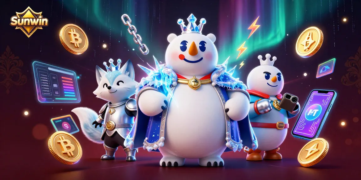 Engage with Sunwin in this vibrant casino scene featuring a polar bear and snow fox amidst dynamic gaming elements.