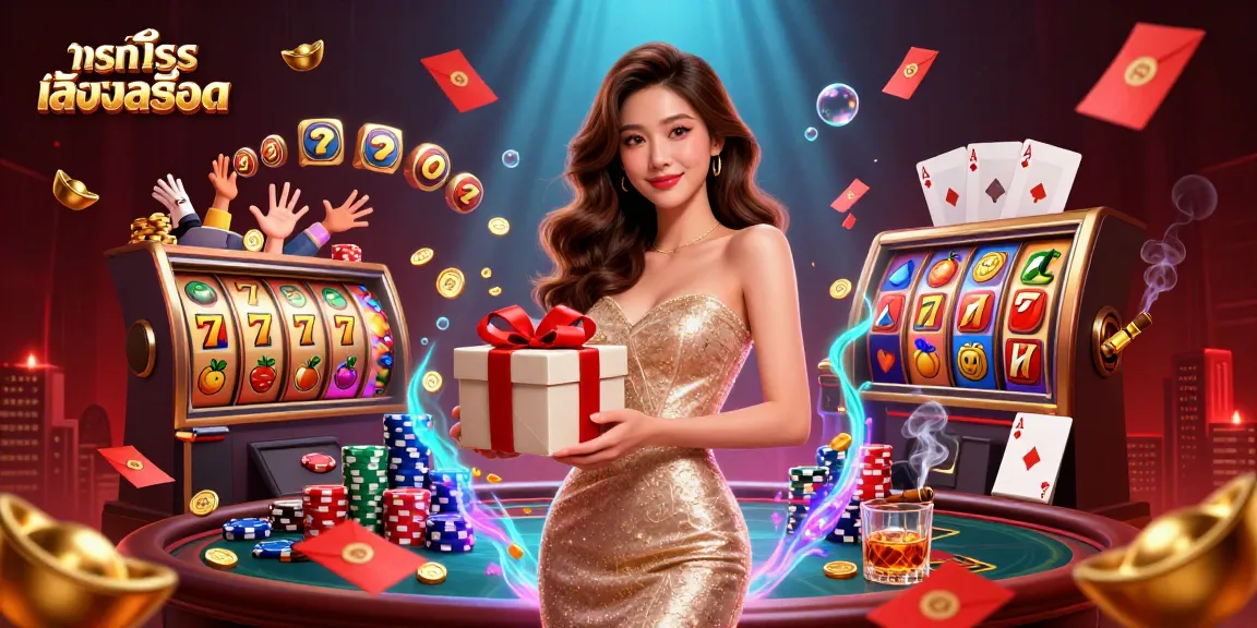 Try ทดลองเล่นสล็อต with an engaging illustration of an Asian woman celebrating in a dazzling casino setting.