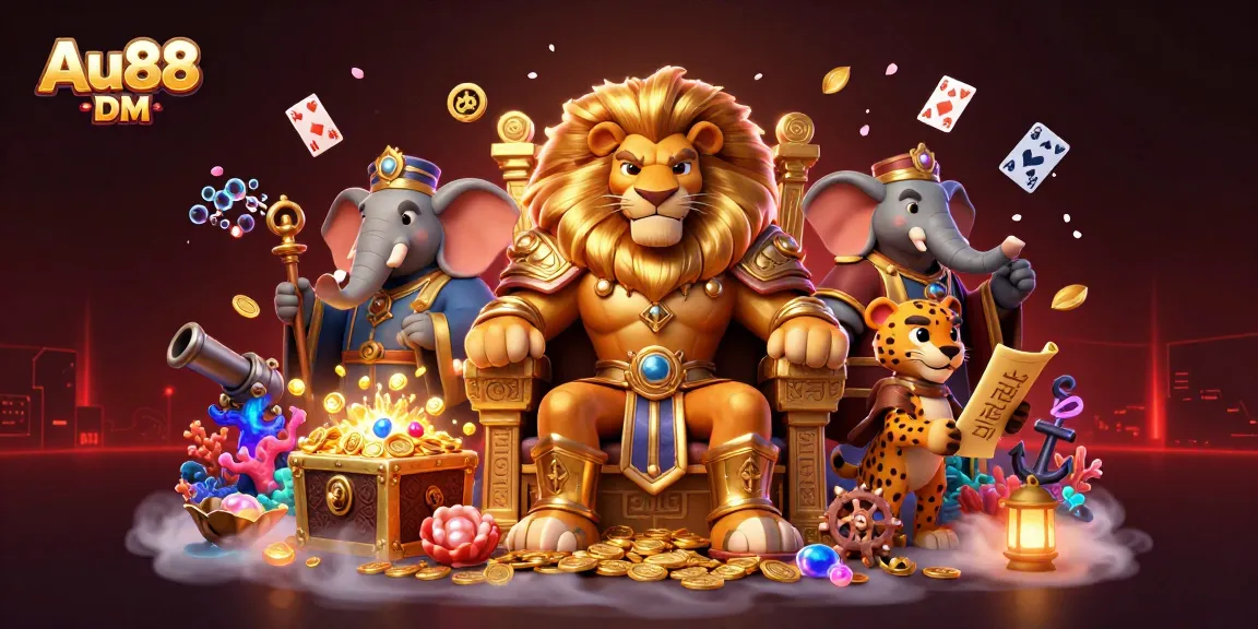 Experience thrilling gaming at Au88 DM with a majestic lion king and vibrant casino elements.