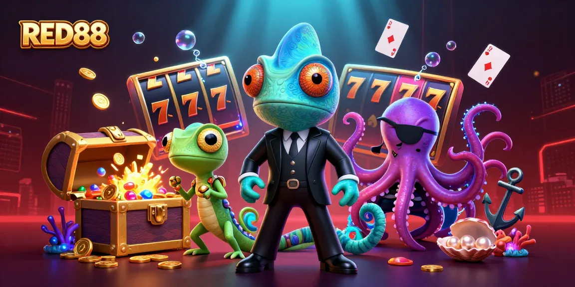 RED88 cartoon illustration featuring a Bond-style chameleon and gecko amidst explosive slot reels.