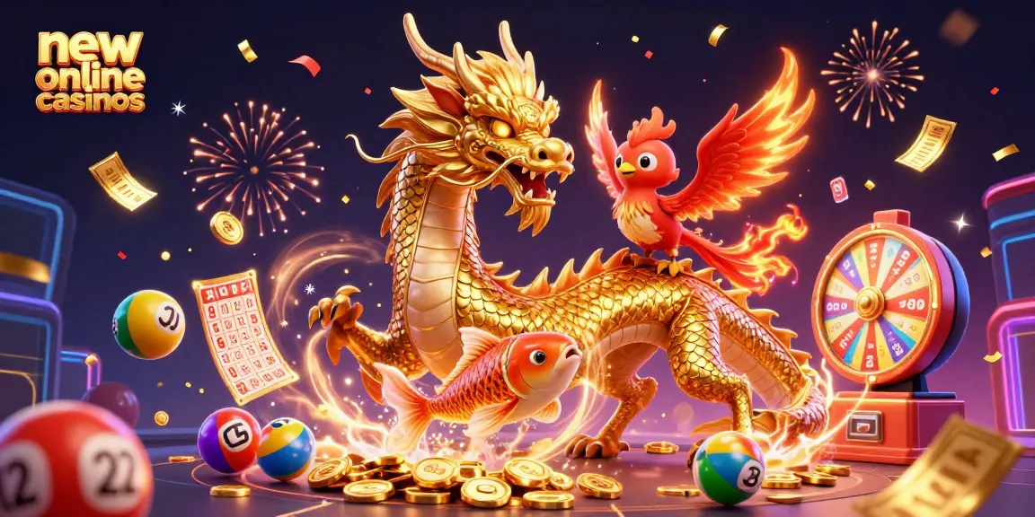 Experience thrilling action at new online casinos with vibrant visuals of a dragon, phoenix, and koi fish.