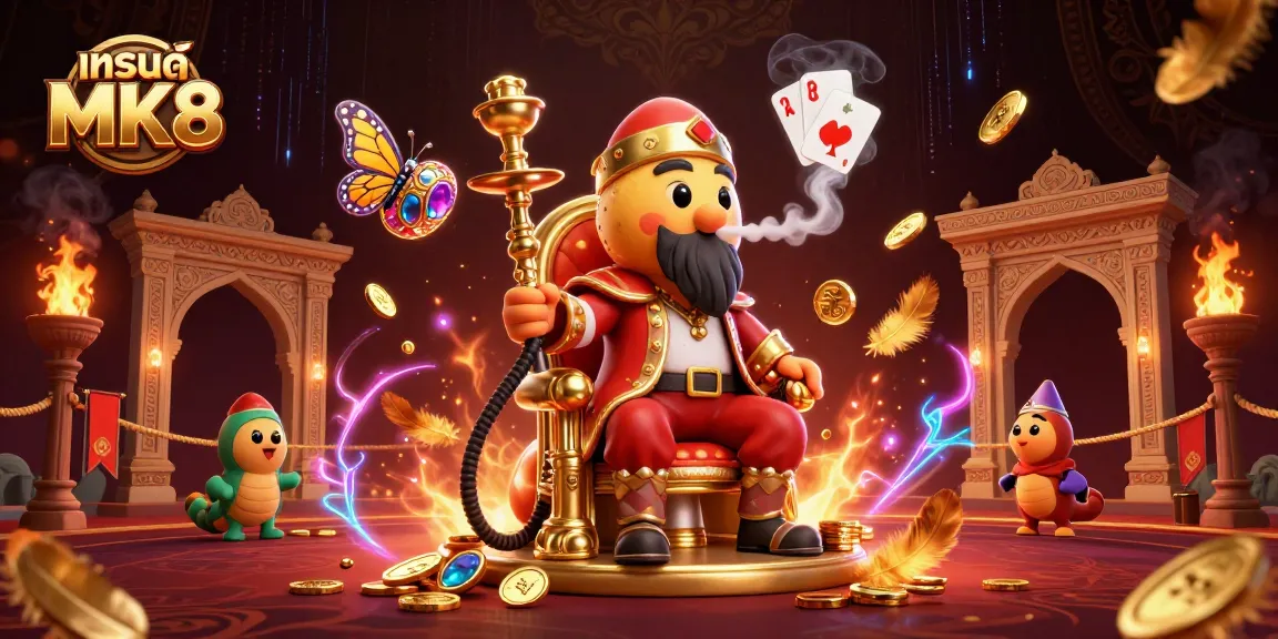 Engage with แบรนด์ MK8 in a vibrant 3D illustration showcasing exciting gambling elements and characters