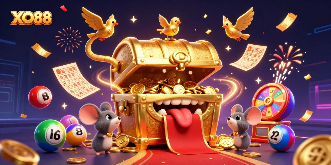 Engage in the riches of XO88 with vibrant lottery balls and a treasure chest inviting adventurous players.